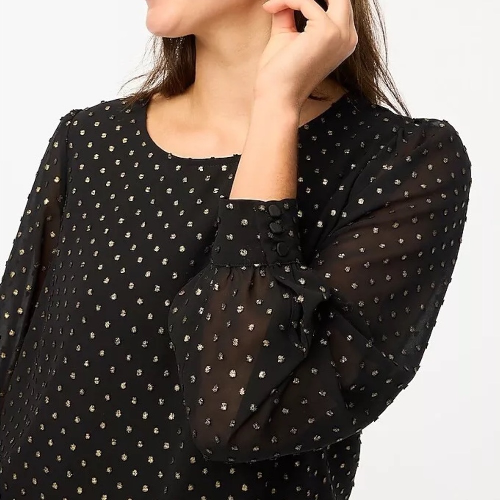 JCrew Black Blouse with Gold Polka Dots and sheer arms. Large NWT
